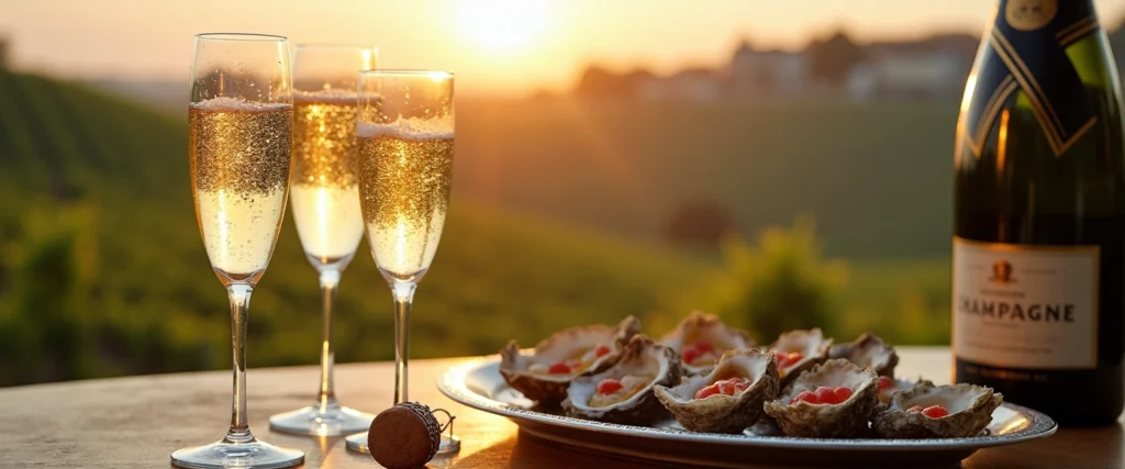 flûte avec du champagne et des huitres