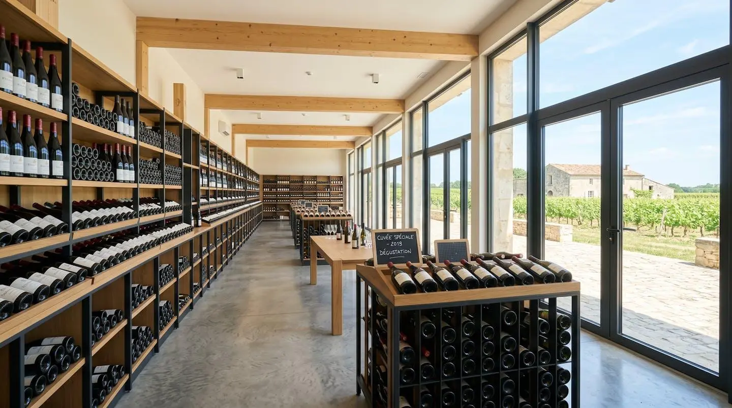 Intérieur d'une cave à vin contemporaine bien éclairée avec des casiers de rangement organisés pour bouteilles, larges fenêtres laissant entrer la lumière naturelle, espace propre et épuré