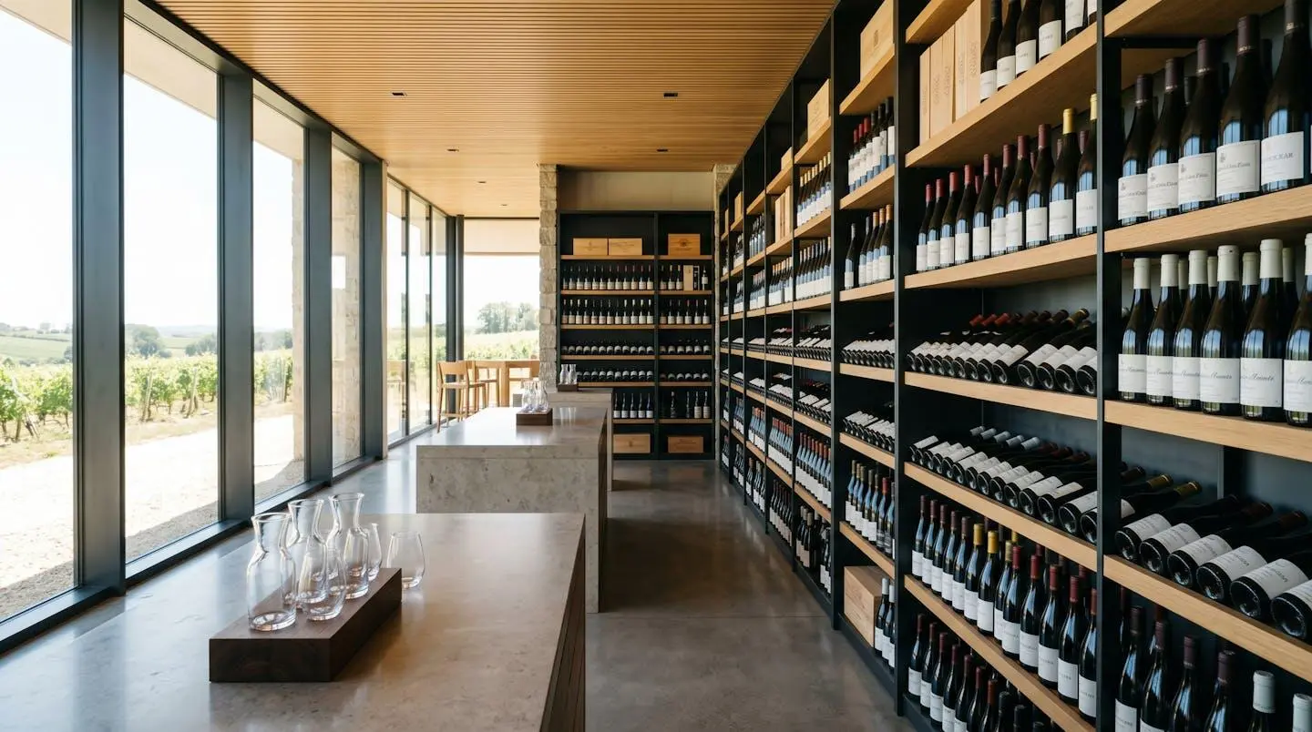 Intérieur d'une cave à vin contemporaine bien éclairée avec des casiers de rangement organisés pour bouteilles, larges fenêtres laissant entrer la lumière naturelle, espace propre et épuré