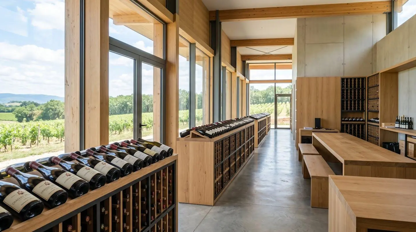 Intérieur d'une cave à vin contemporaine bien éclairée avec des casiers de rangement organisés pour bouteilles, larges fenêtres laissant entrer la lumière naturelle, espace propre et épuré
