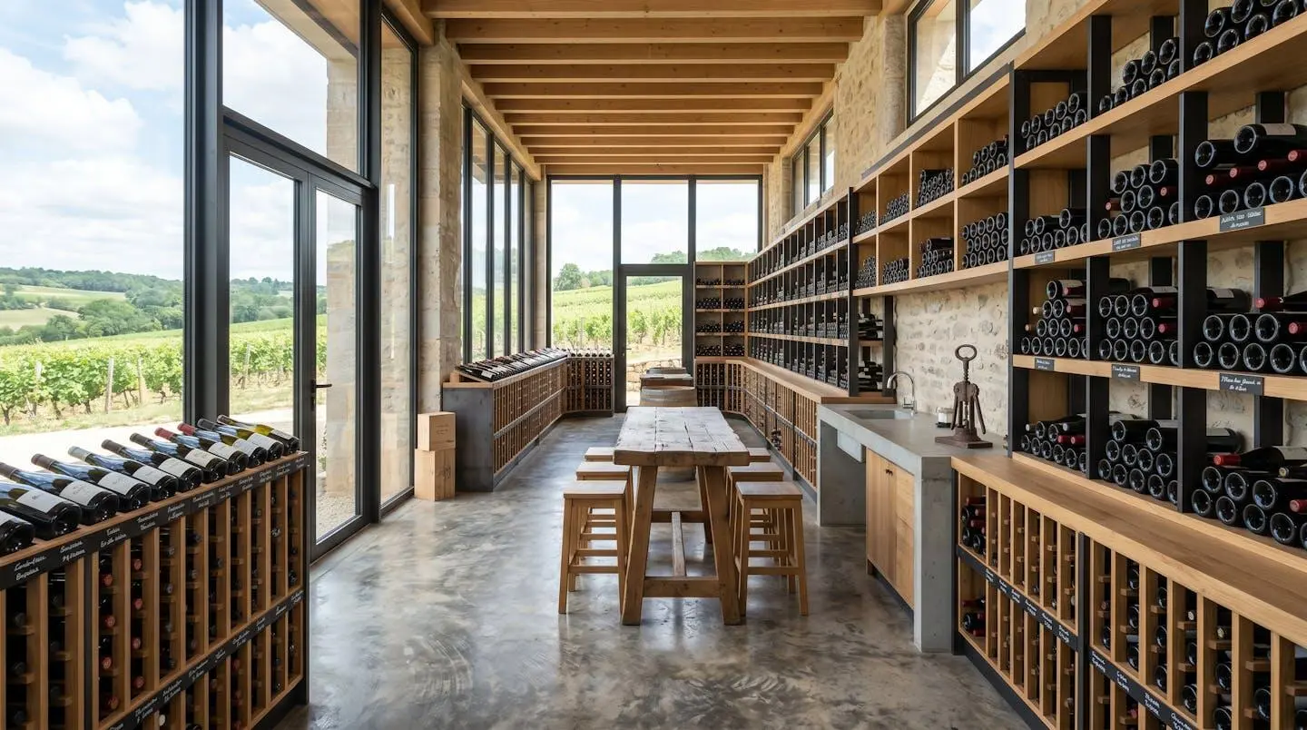 Intérieur d'une cave à vin contemporaine bien éclairée avec des casiers de rangement organisés pour bouteilles, larges fenêtres laissant entrer la lumière naturelle, espace propre et épuré