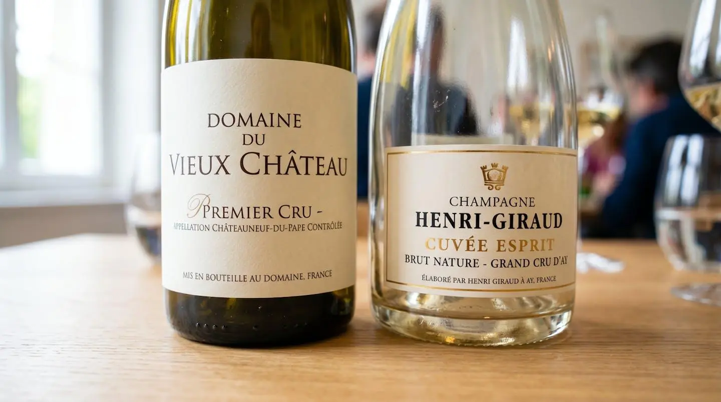 Gros plan rapproché sur les étiquettes de plusieurs bouteilles de champagne et de vin disposées sur une surface en bois clair contemporaine avec un flou artistique en arrière-plan