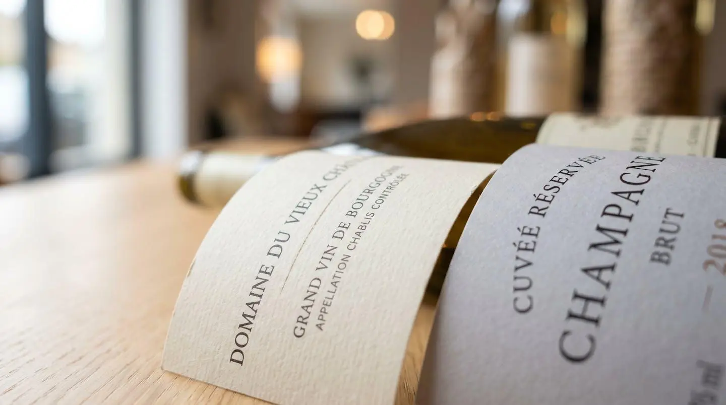 Gros plan rapproché sur les étiquettes de plusieurs bouteilles de champagne et de vin disposées sur une surface en bois clair contemporaine avec un flou artistique en arrière-plan