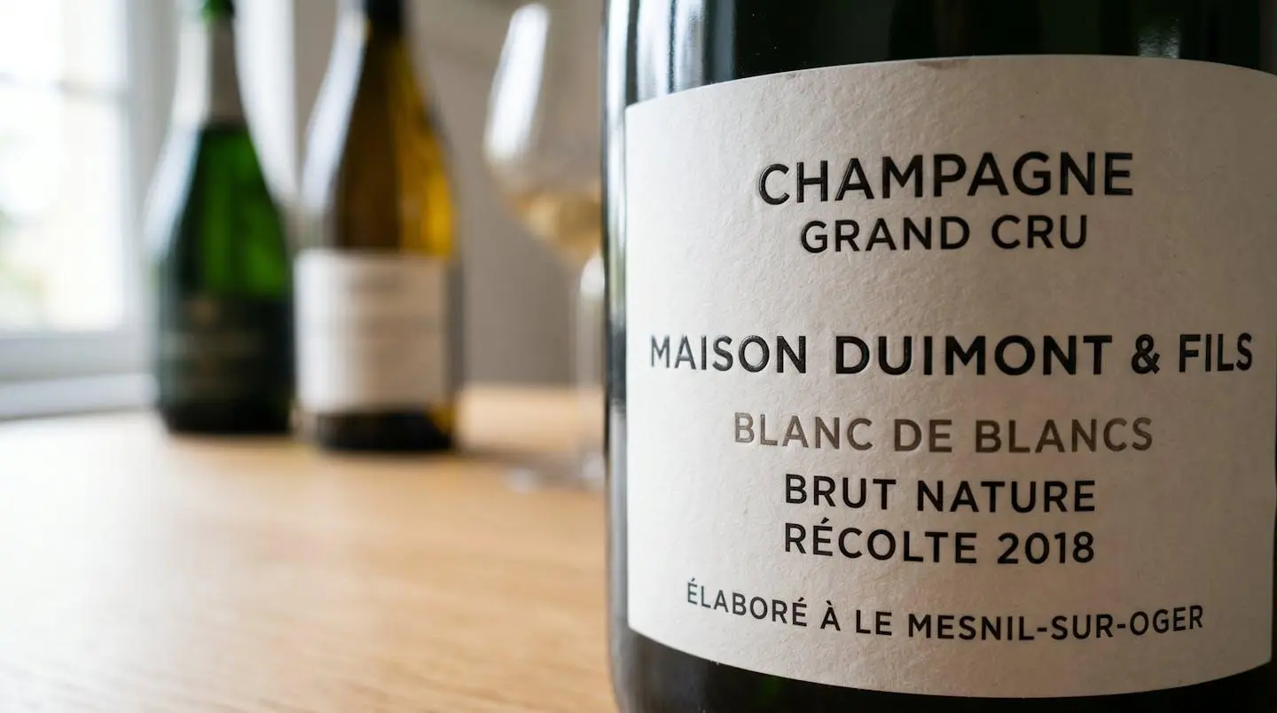 Gros plan rapproché sur les étiquettes de plusieurs bouteilles de champagne et de vin disposées sur une surface en bois clair contemporaine avec un flou artistique en arrière-plan