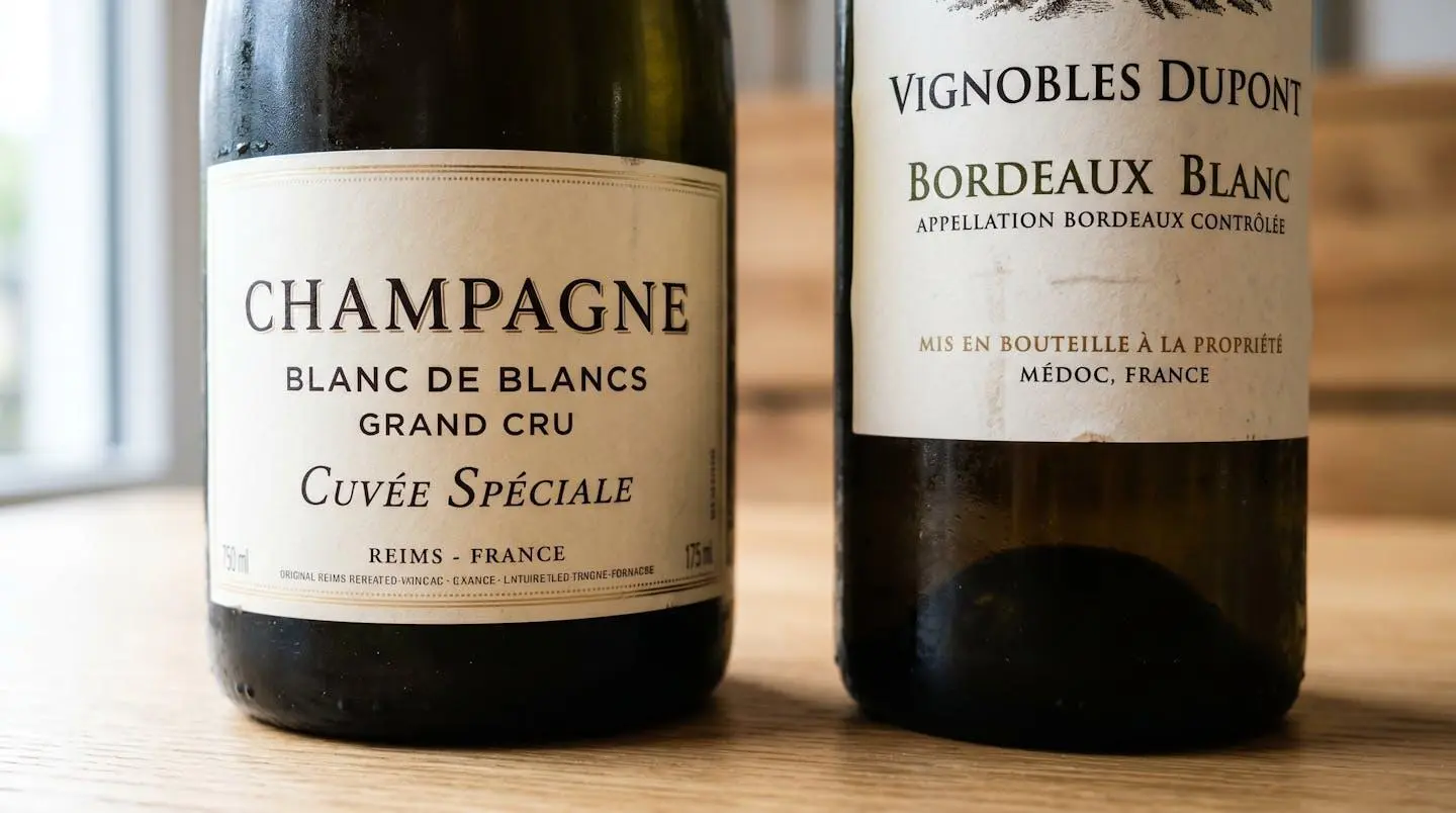 Gros plan rapproché sur les étiquettes de plusieurs bouteilles de champagne et de vin disposées sur une surface en bois clair contemporaine avec un flou artistique en arrière-plan