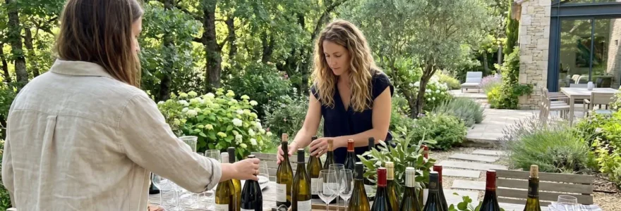 Deux personnes vues de dos disposent des bouteilles de vin sur une longue table en bois dans un jardin contemporain lumineux lors de la préparation d'une réception