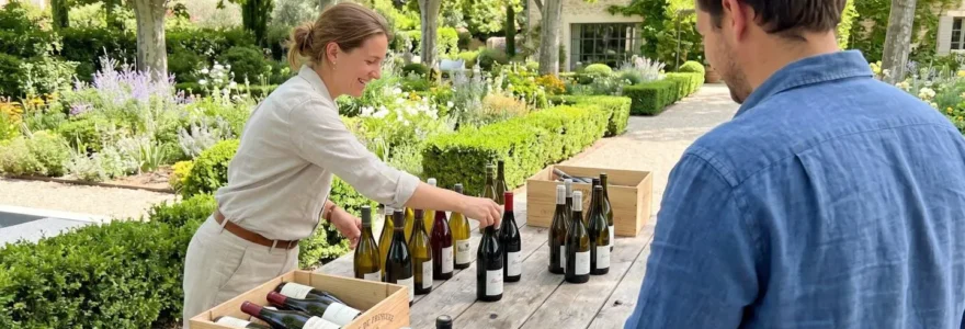 Deux personnes vues de dos disposent des bouteilles de vin sur une longue table en bois dans un jardin contemporain lumineux lors de la préparation d'une réception