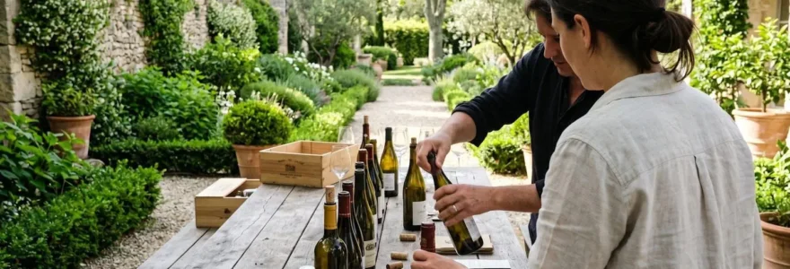 Deux personnes vues de dos disposent des bouteilles de vin sur une longue table en bois dans un jardin contemporain lumineux lors de la préparation d'une réception