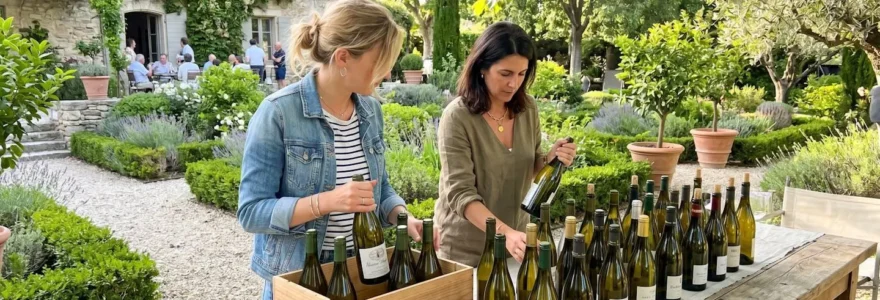 Deux personnes vues de dos disposent des bouteilles de vin sur une longue table en bois dans un jardin contemporain lumineux lors de la préparation d'une réception